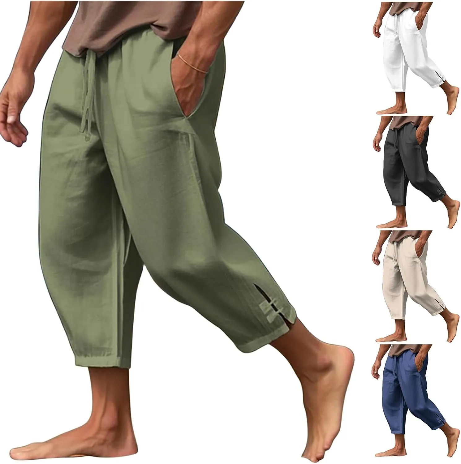 Mens Linen Yoga Pants Harem Capri 3/4 Shorts Sweatpants Jogger Pant Drawstring Elastic Waist Beach Boho Yoga Trousers