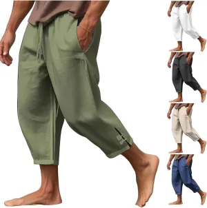 Mens Linen Yoga Pants Harem Capri 3/4 Shorts Sweatpants Jogger Pant Drawstring Elastic Waist Beach Boho Yoga Trousers