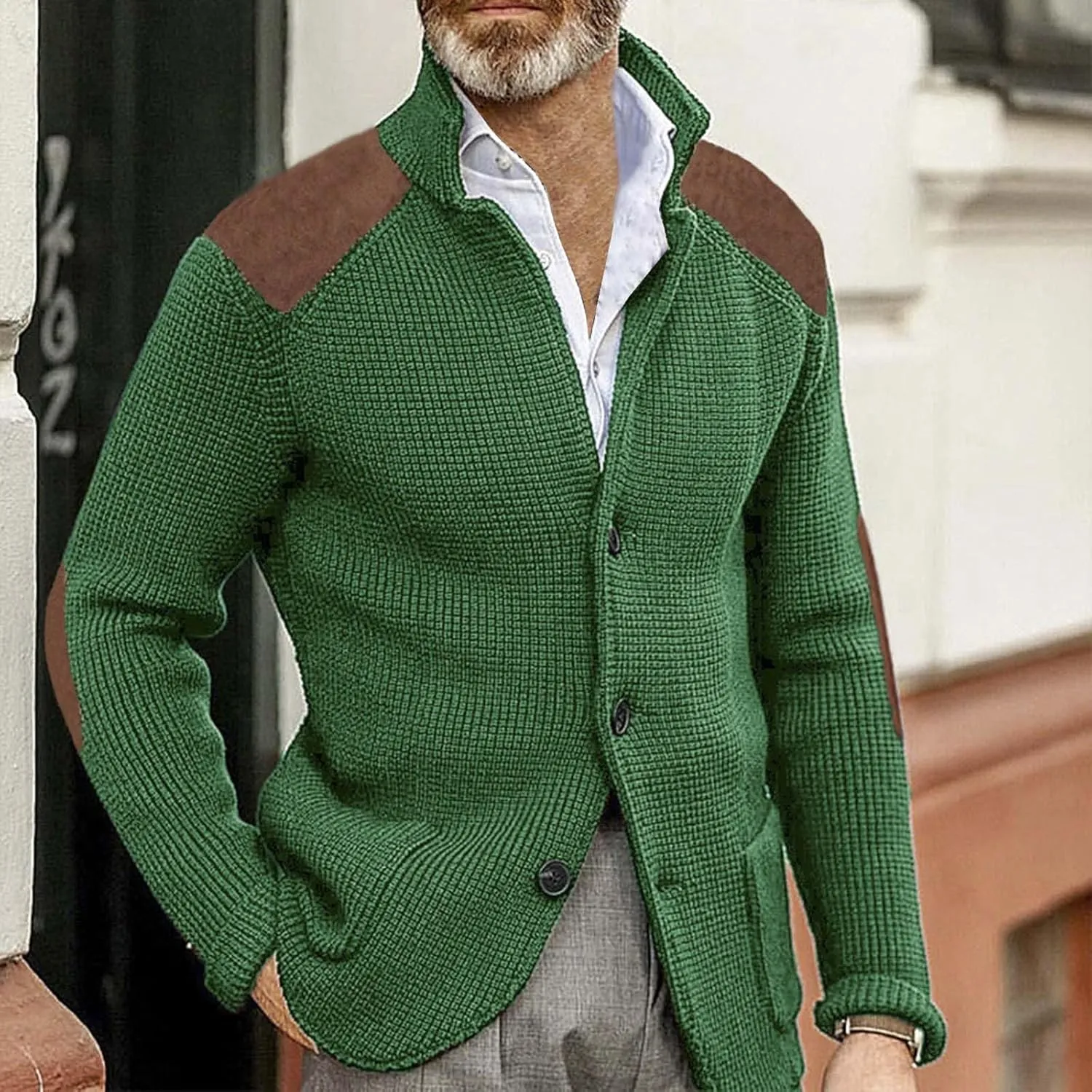 Men's Long-Sleeve Fleece Stand Collar Cardigan Casual Cable Knitted Button Down Winter Ribbed Chunky Sweater with Pocket