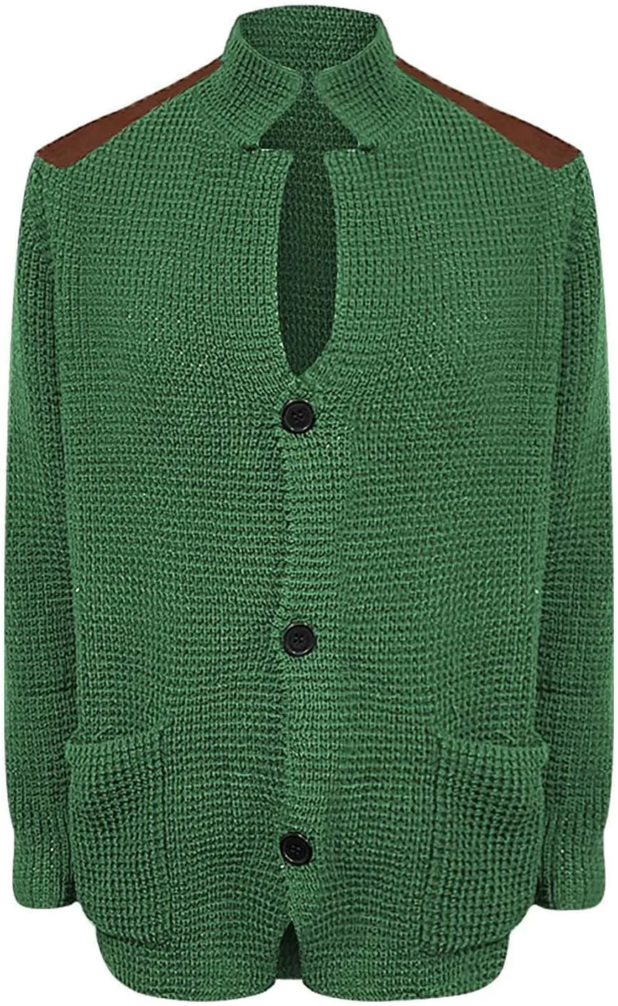 Men's Long-Sleeve Fleece Stand Collar Cardigan Casual Cable Knitted Button Down Winter Ribbed Chunky Sweater with Pocket