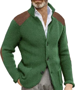 Men's Long-Sleeve Fleece Stand Collar Cardigan Casual Cable Knitted Button Down Winter Ribbed Chunky Sweater with Pocket