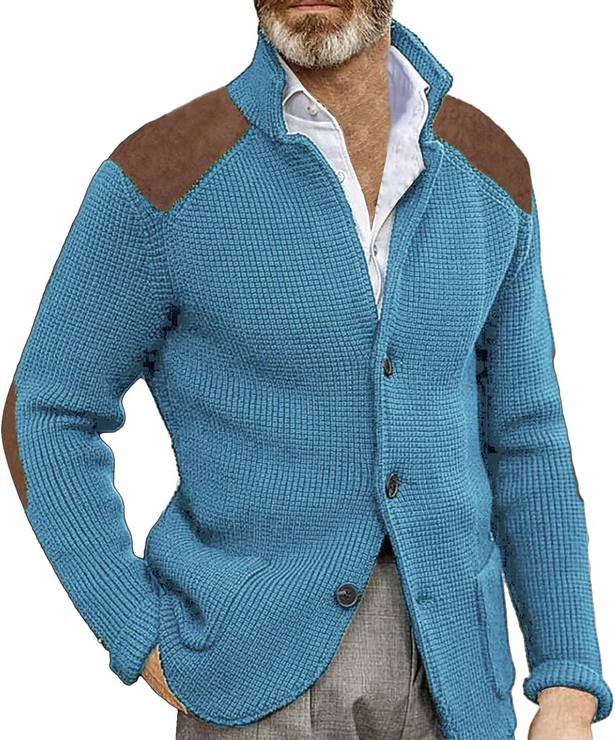 Men's Long-Sleeve Fleece Stand Collar Cardigan Casual Cable Knitted Button Down Winter Ribbed Chunky Sweater with Pocket