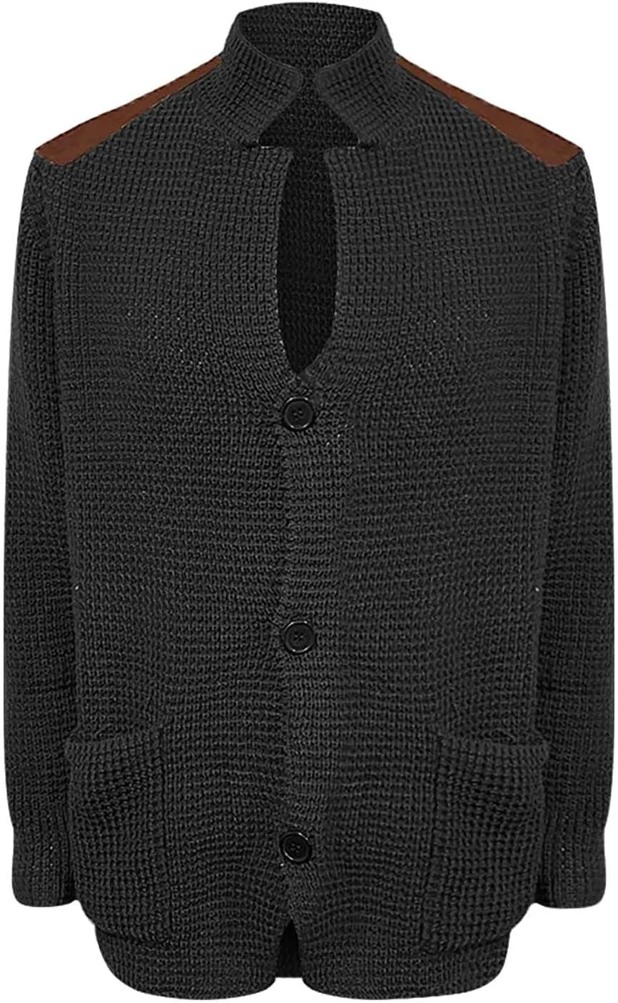 Men's Long-Sleeve Fleece Stand Collar Cardigan Casual Cable Knitted Button Down Winter Ribbed Chunky Sweater with Pocket