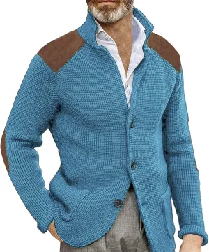 Men's Long-Sleeve Fleece Stand Collar Cardigan Casual Cable Knitted Button Down Winter Ribbed Chunky Sweater with Pocket