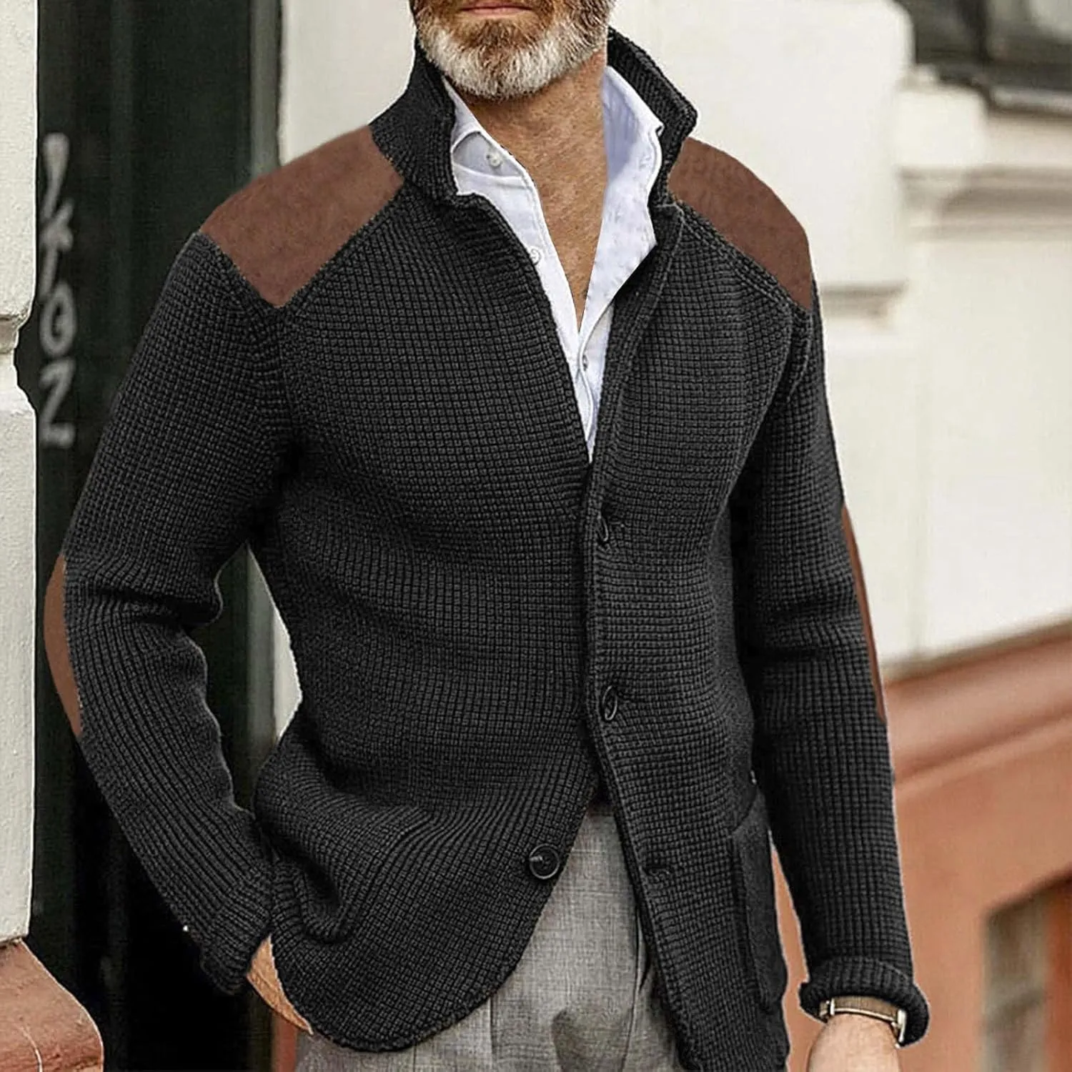 Men's Long-Sleeve Fleece Stand Collar Cardigan Casual Cable Knitted Button Down Winter Ribbed Chunky Sweater with Pocket