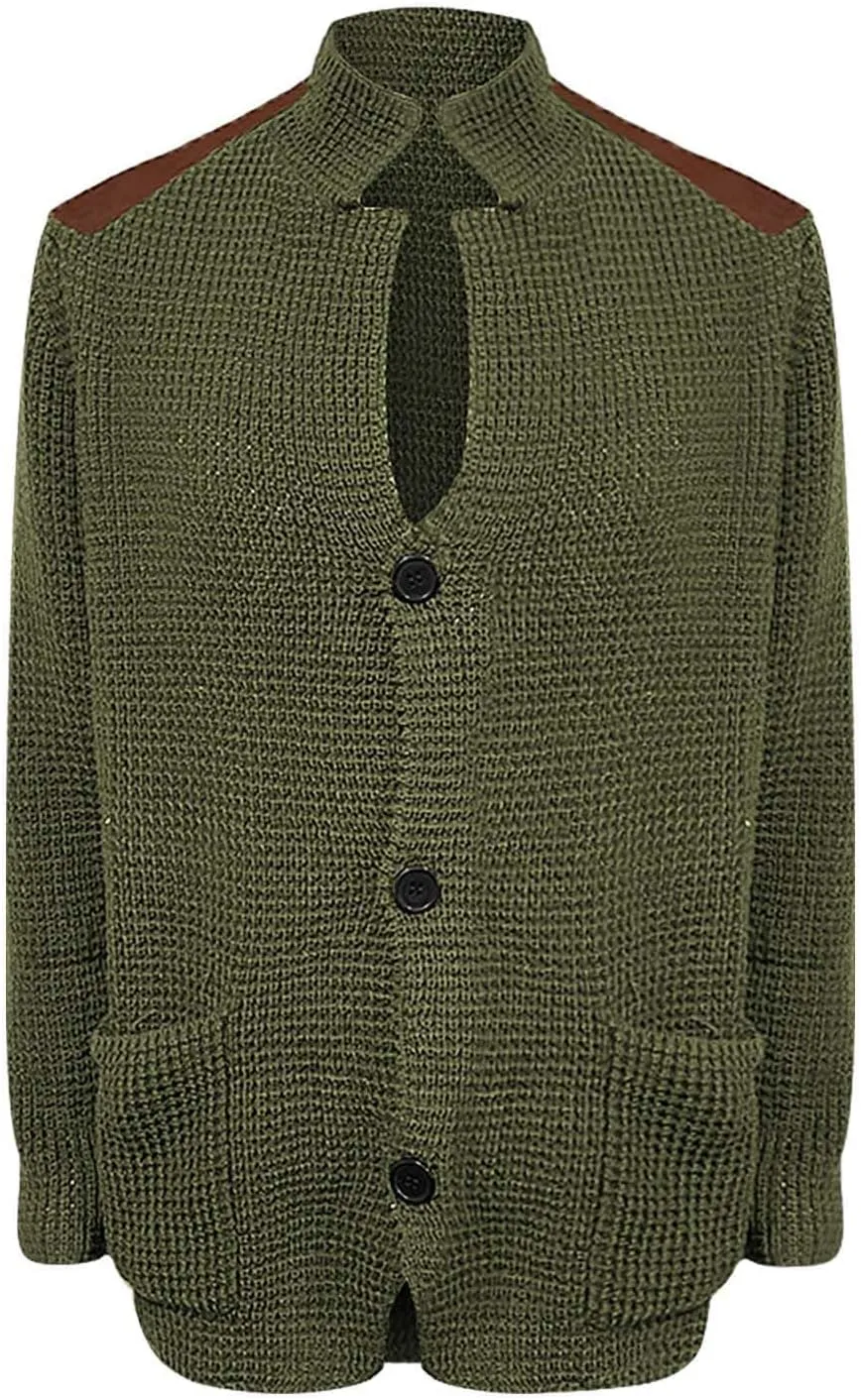 Men's Long-Sleeve Fleece Stand Collar Cardigan Casual Cable Knitted Button Down Winter Ribbed Chunky Sweater with Pocket