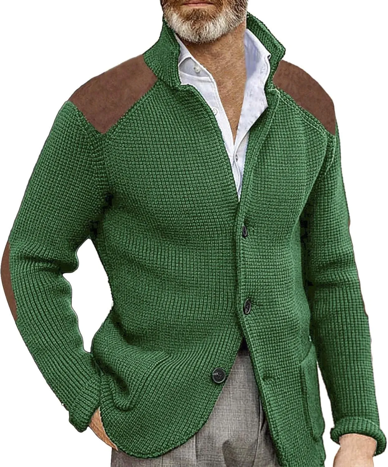 Men's Long-Sleeve Fleece Stand Collar Cardigan Casual Cable Knitted Button Down Winter Ribbed Chunky Sweater with Pocket