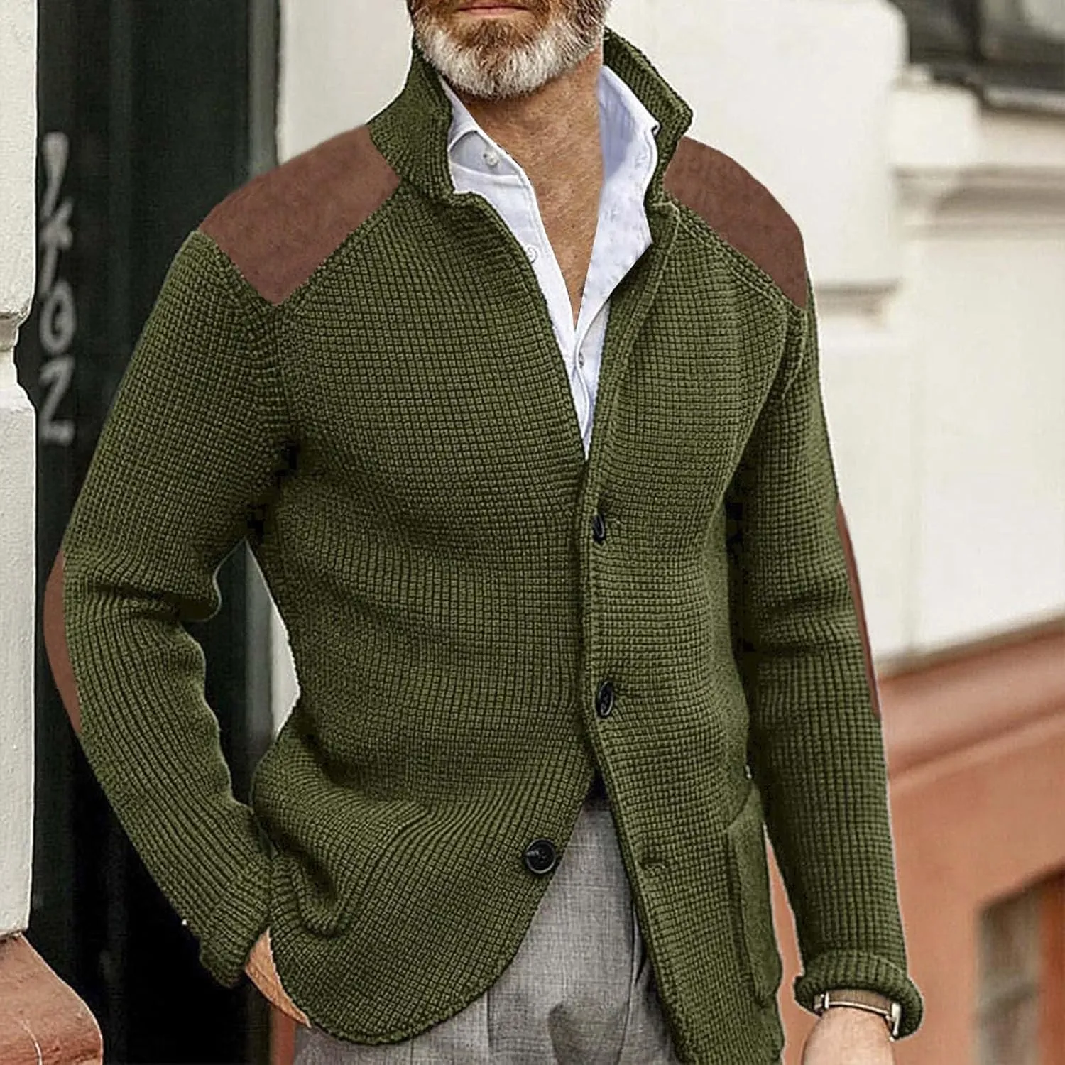 Men's Long-Sleeve Fleece Stand Collar Cardigan Casual Cable Knitted Button Down Winter Ribbed Chunky Sweater with Pocket