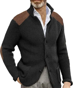 Men's Long-Sleeve Fleece Stand Collar Cardigan Casual Cable Knitted Button Down Winter Ribbed Chunky Sweater with Pocket