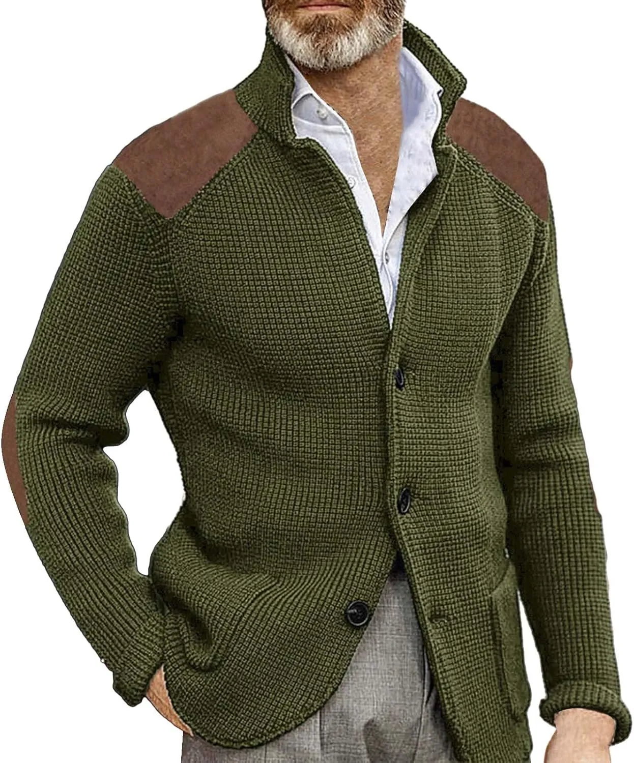 Men's Long-Sleeve Fleece Stand Collar Cardigan Casual Cable Knitted Button Down Winter Ribbed Chunky Sweater with Pocket