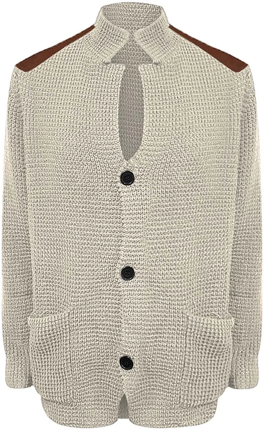 Men's Long-Sleeve Fleece Stand Collar Cardigan Casual Cable Knitted Button Down Winter Ribbed Chunky Sweater with Pocket