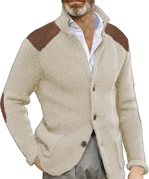 Men's Long-Sleeve Fleece Stand Collar Cardigan Casual Cable Knitted Button Down Winter Ribbed Chunky Sweater with Pocket