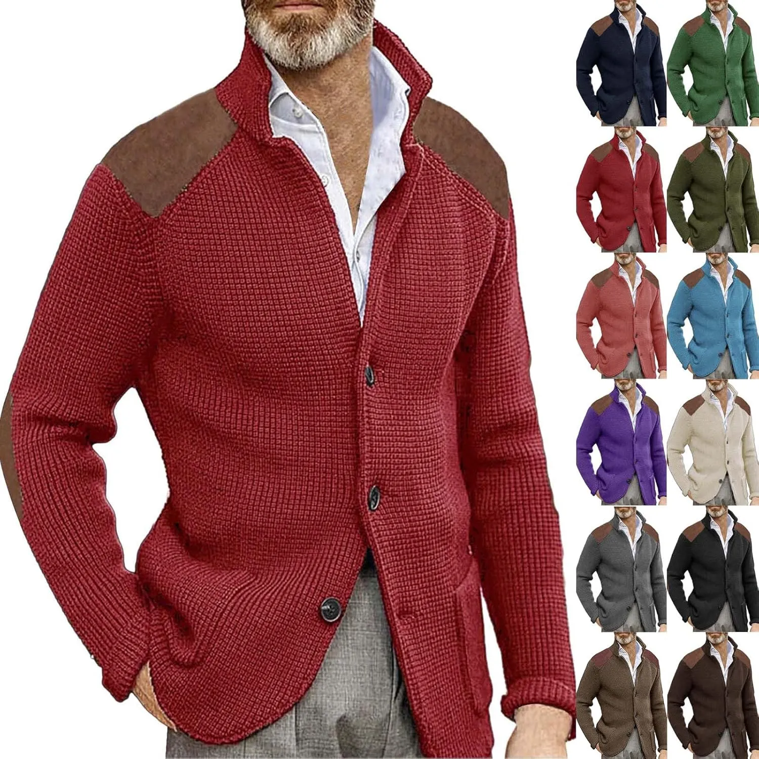 Men's Long-Sleeve Fleece Stand Collar Cardigan Casual Cable Knitted Button Down Winter Ribbed Chunky Sweater with Pocket