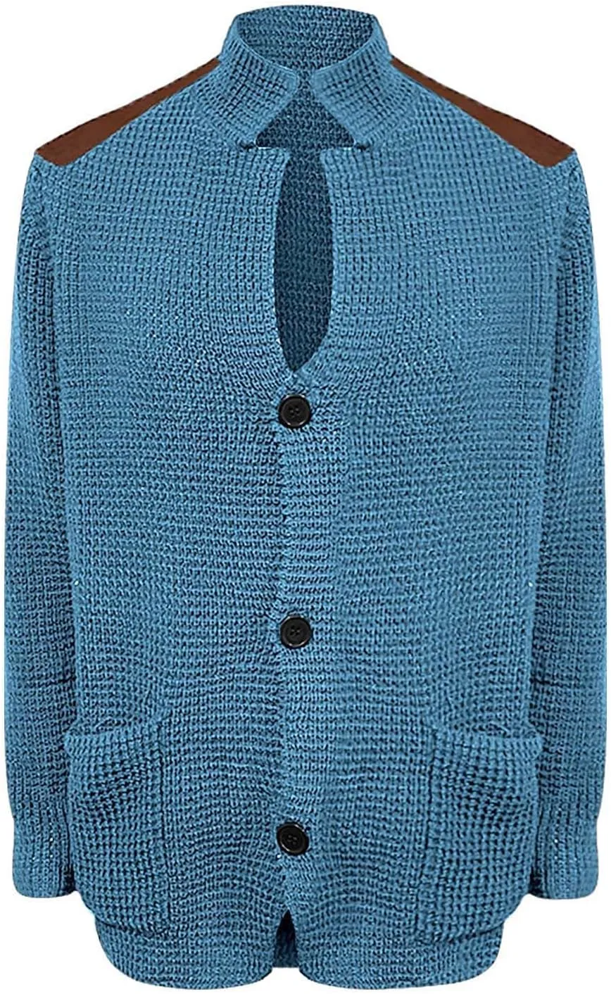 Men's Long-Sleeve Fleece Stand Collar Cardigan Casual Cable Knitted Button Down Winter Ribbed Chunky Sweater with Pocket