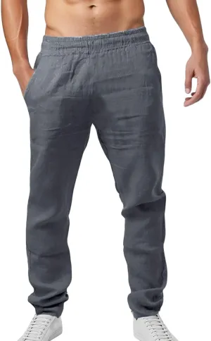 Mens Pants Casual Solid Color Vacation Elastic-Waisted Cotton Drawstring Pant Fashion Relax Fit High-Waisted Outfits