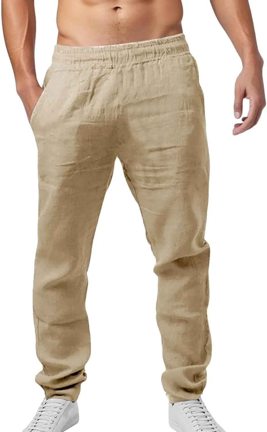 Mens Pants Casual Solid Color Vacation Elastic-Waisted Cotton Drawstring Pant Fashion Relax Fit High-Waisted Outfits
