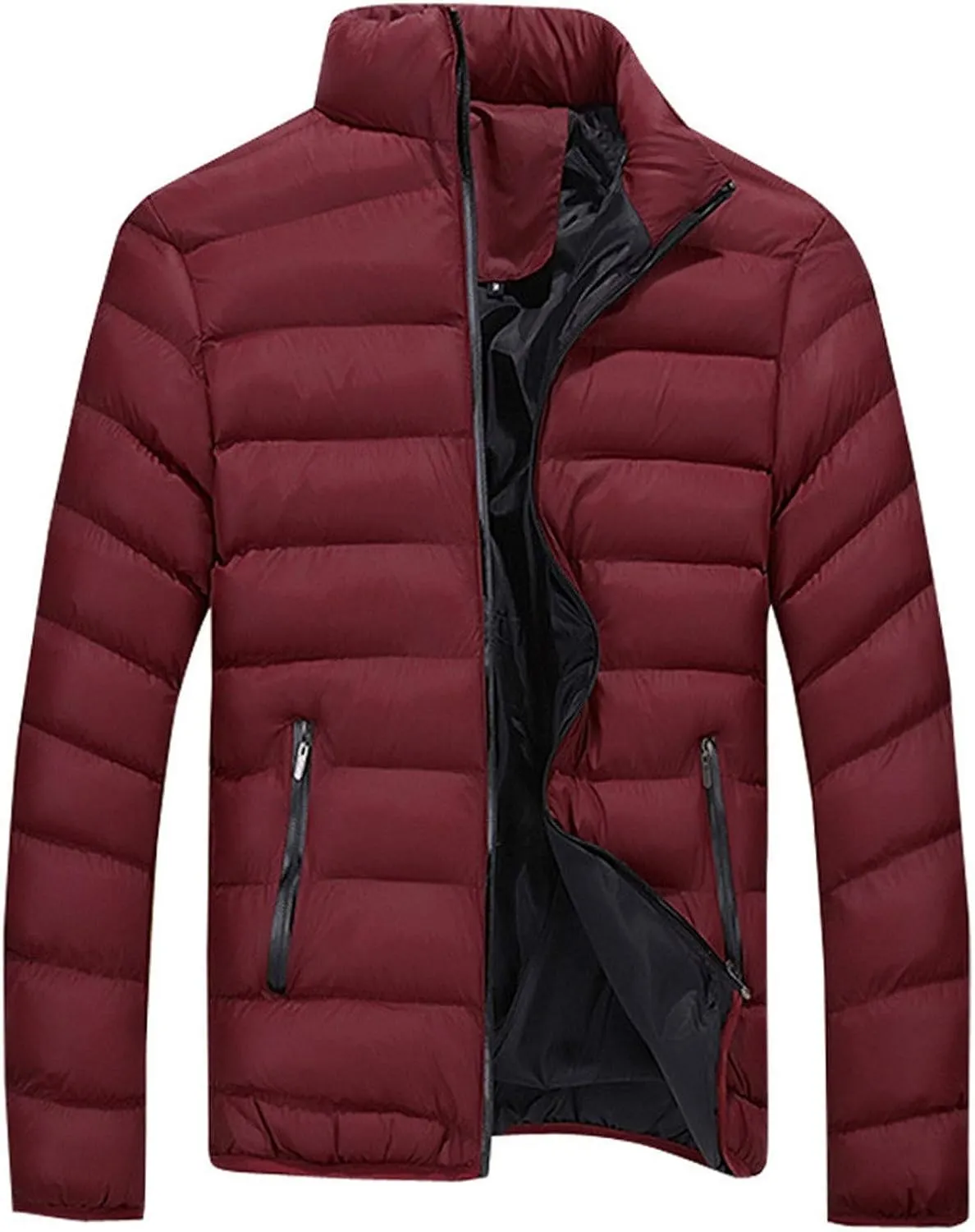 Mens Puffer Jacket No Hood Winter Casual Thermal Quilted Outerwear Coat Lightweight Solid Color Down Jacket