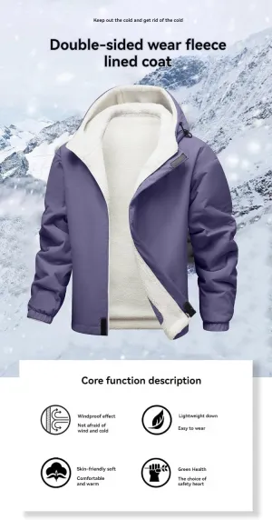 Men's Reversible Fleece Jacket Hooded Cotton-Padded Jacket Casual Warm Winter Outdoor Coat for Men Women