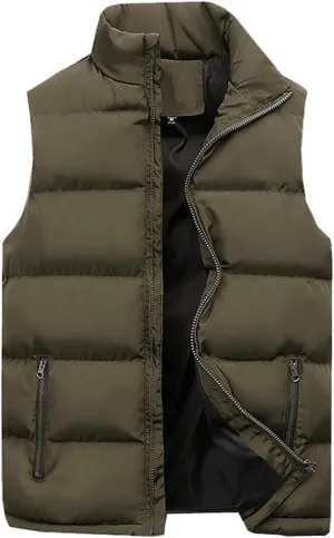 Men's Sleeveless Quilted Jacket Vest Thickened Stand Collar Vest Warm Padded Coat Cotton Outdoor Casual Vest
