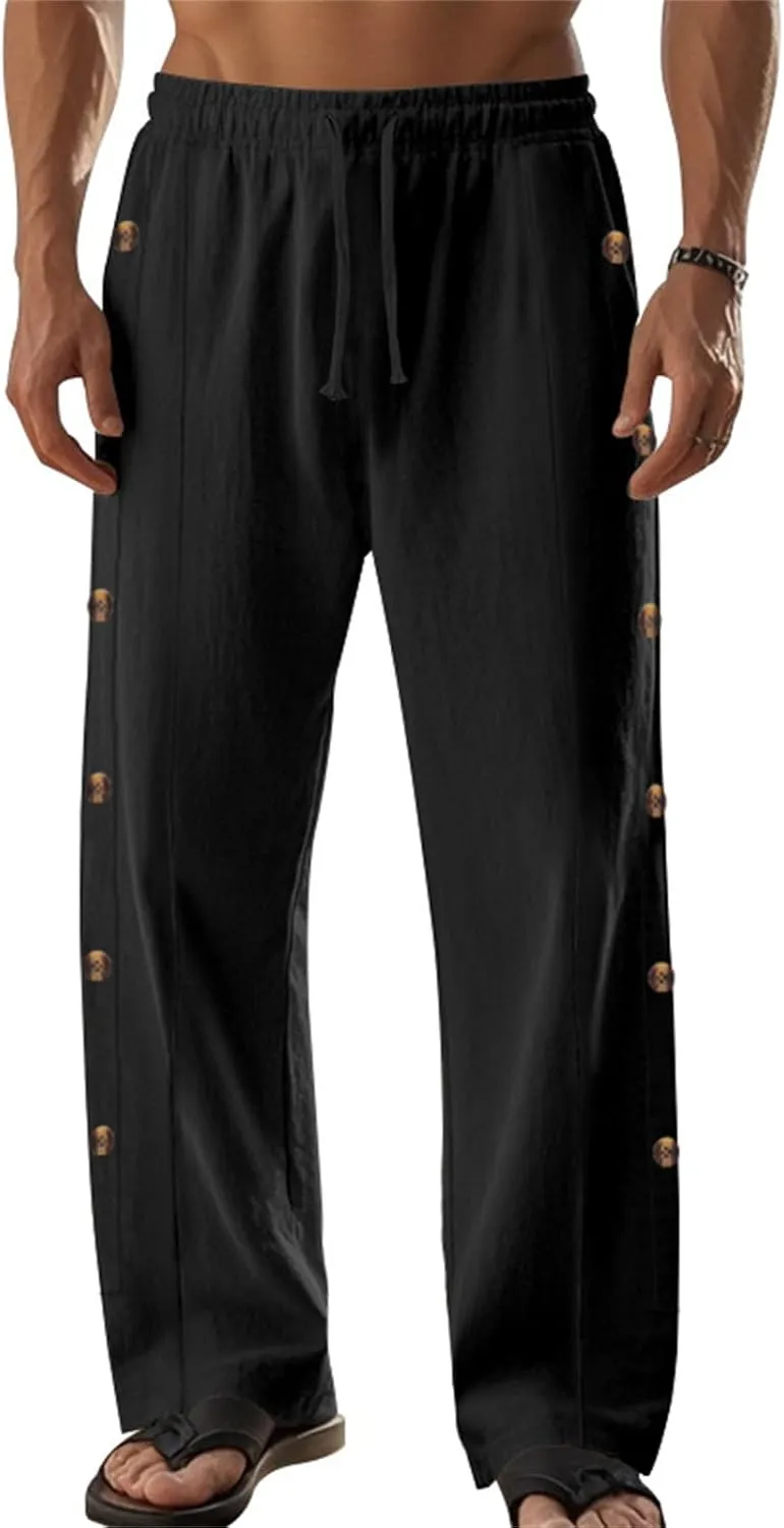 Mens Straight Leg Linen Pants Button Drawstring Elastic Waist Casual Loose Fit Sweatpants Beach Trousers with Pockets