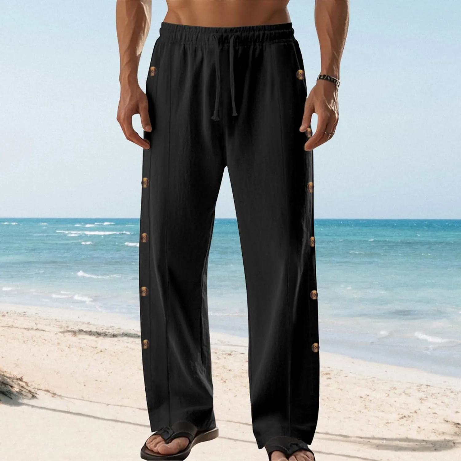 Mens Straight Leg Linen Pants Button Drawstring Elastic Waist Casual Loose Fit Sweatpants Beach Trousers with Pockets