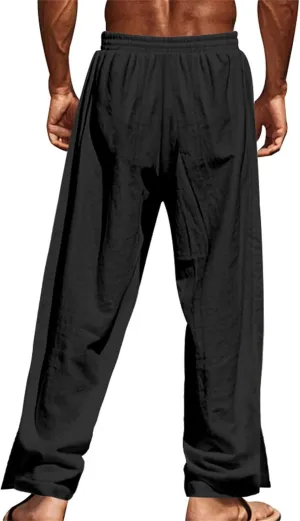 Mens Straight Leg Linen Pants Button Drawstring Elastic Waist Casual Loose Fit Sweatpants Beach Trousers with Pockets