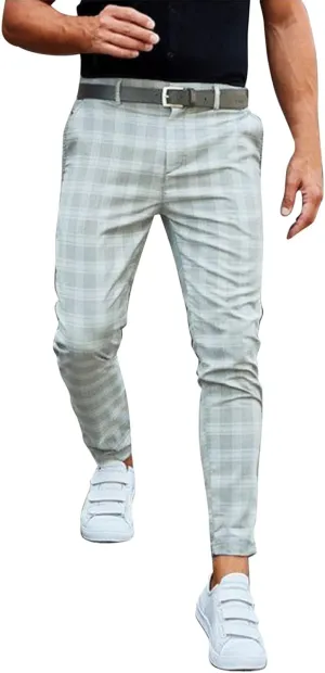 Men's Stretch Slim Fit Plaid Dress Pants Skinny Flat-Front Casual Work Business Checkered Tapered Chinos Pants