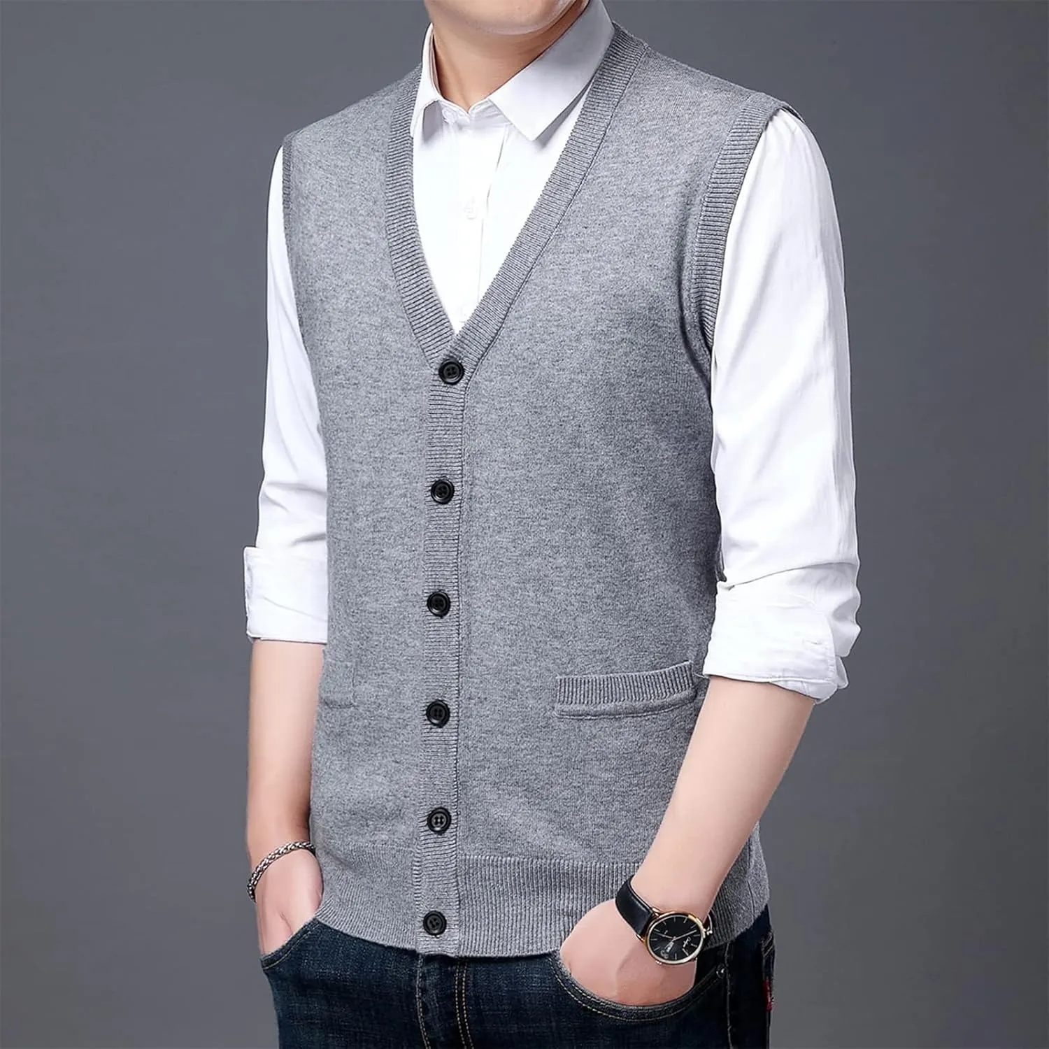 Mens Sweater Vest Button up with Pockets Sweater Vest, Wool Blend V-Neck Button Sleeveless Cardigan Vest Sweater