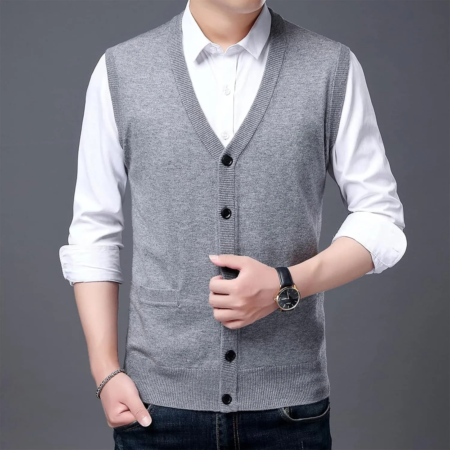 Mens Sweater Vest Button up with Pockets Sweater Vest, Wool Blend V-Neck Button Sleeveless Cardigan Vest Sweater
