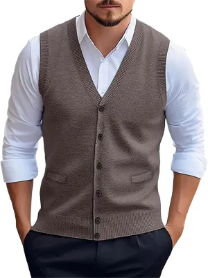 Mens Sweater Vest Button up with Pockets Sweater Vest, Wool Blend V-Neck Button Sleeveless Cardigan Vest Sweater