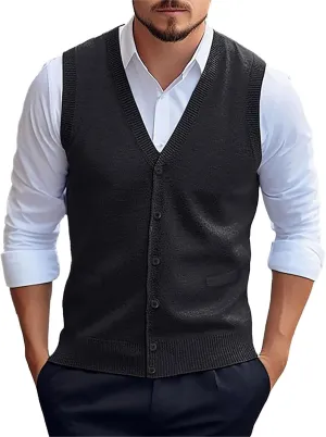Mens Sweater Vest Button up with Pockets Sweater Vest, Wool Blend V-Neck Button Sleeveless Cardigan Vest Sweater