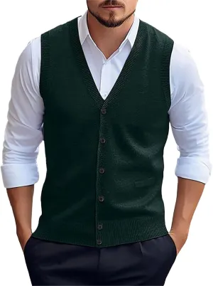 Mens Sweater Vest Button up with Pockets Sweater Vest, Wool Blend V-Neck Button Sleeveless Cardigan Vest Sweater