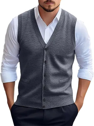 Mens Sweater Vest Button up with Pockets Sweater Vest, Wool Blend V-Neck Button Sleeveless Cardigan Vest Sweater