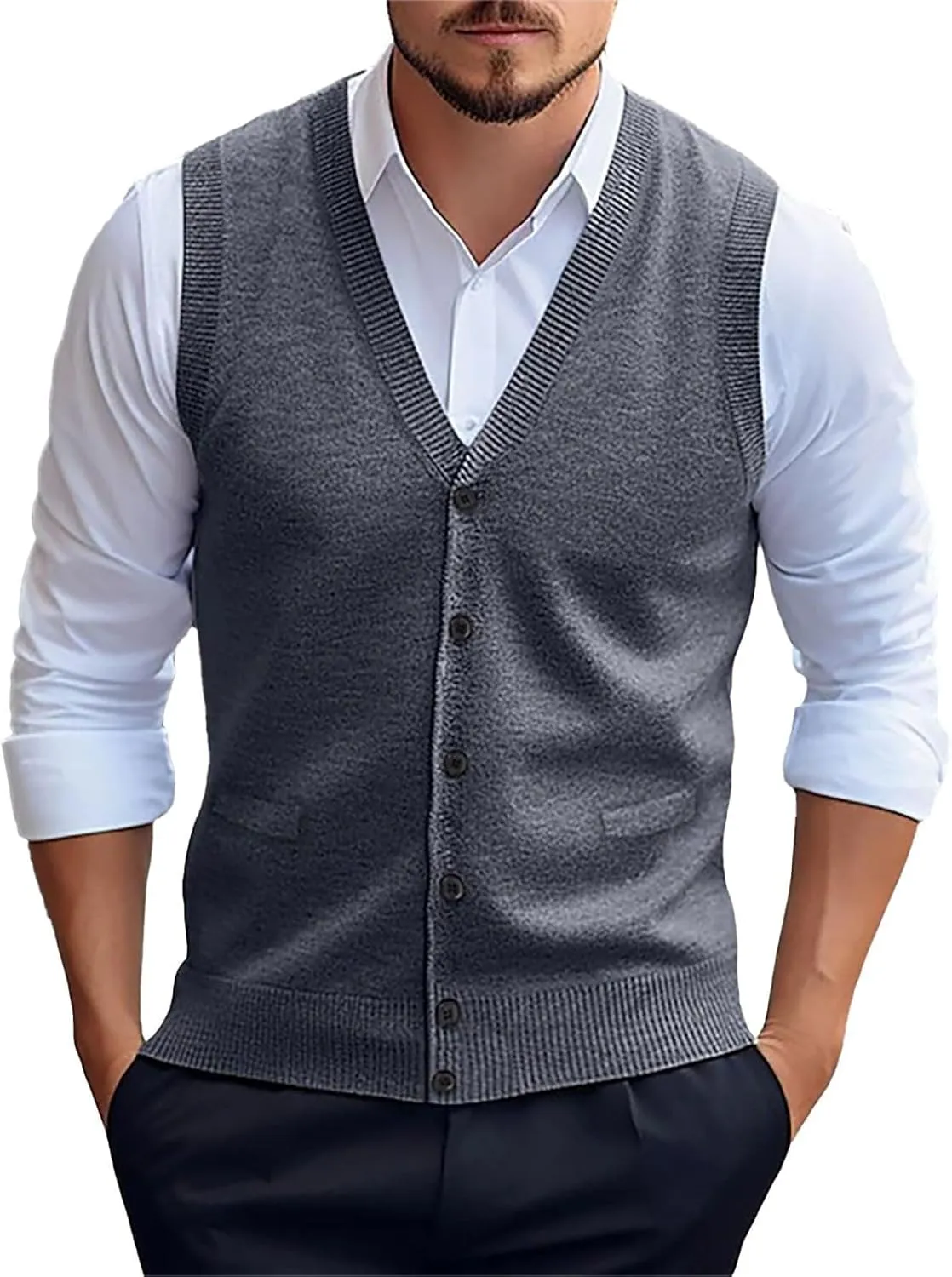 Mens Sweater Vest Button up with Pockets Sweater Vest, Wool Blend V-Neck Button Sleeveless Cardigan Vest Sweater