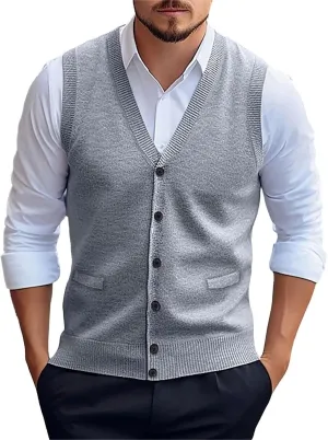 Mens Sweater Vest Button up with Pockets Sweater Vest, Wool Blend V-Neck Button Sleeveless Cardigan Vest Sweater