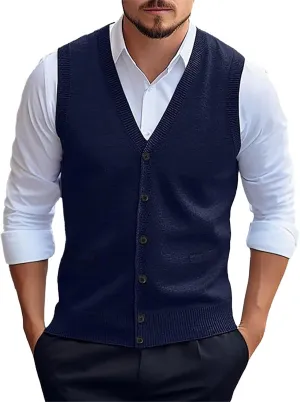 Mens Sweater Vest Button up with Pockets Sweater Vest, Wool Blend V-Neck Button Sleeveless Cardigan Vest Sweater