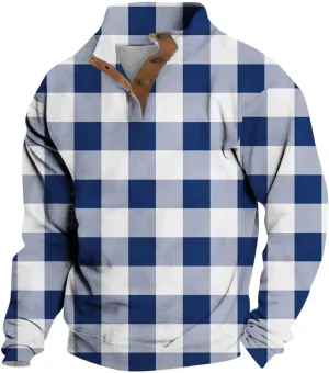 Mens Sweatshirt Corduroy Winter Polo Shirts Long Sleeve Elbow Patches Plaid Pullover Casual Stand Collar Sweaters