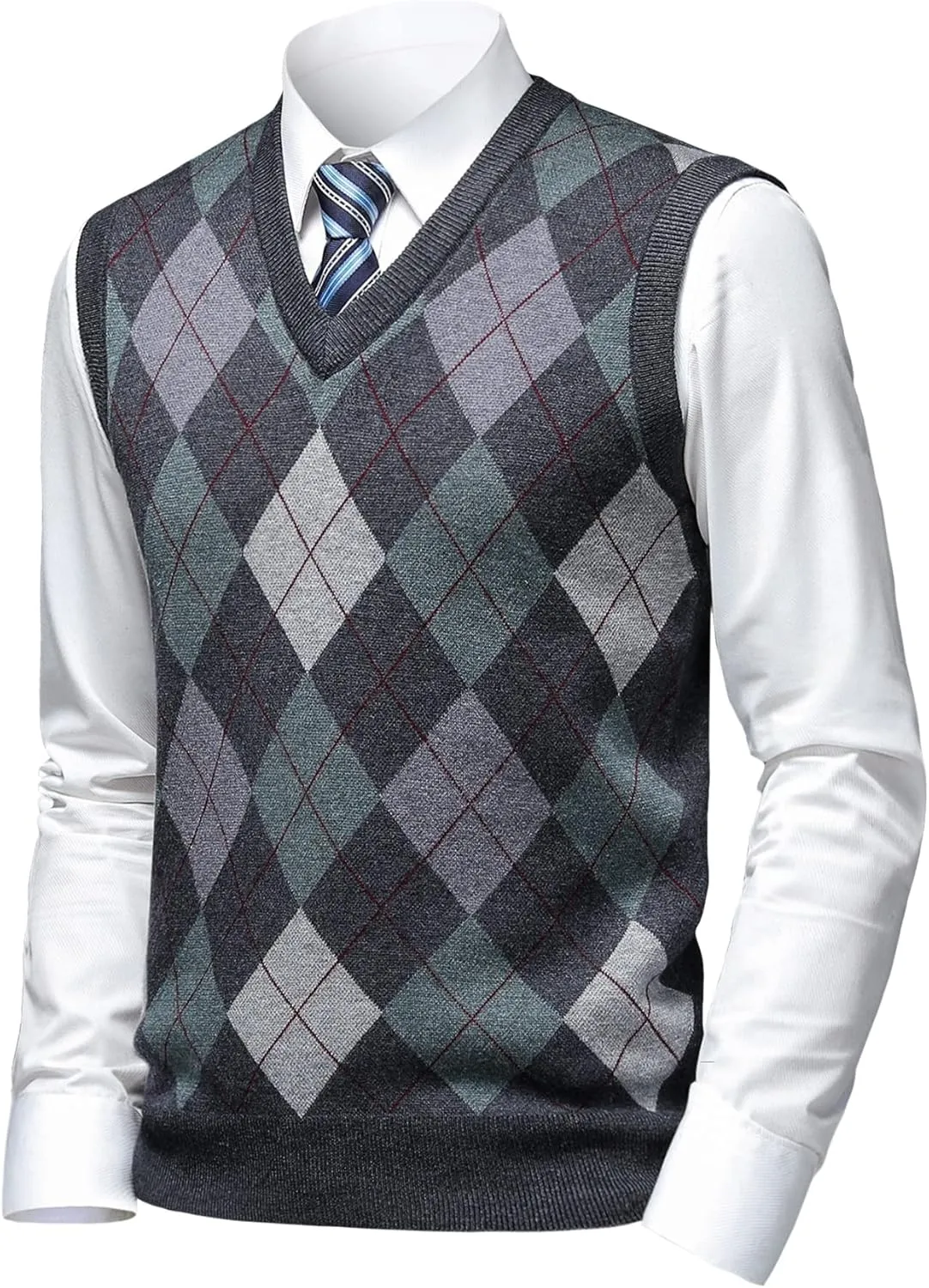 Mens Thick Argyle Sweater Vests Classic V-Neck Knitwear Sleeveless Pullover Autumn Winter Warm Tank Tops