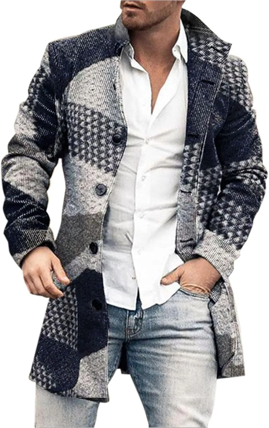 Men's Tweed Trench Coat Notched Collar Single Breasted Overcoat Vintage Big And Tall Warm Winter Plaid Midi Jackets