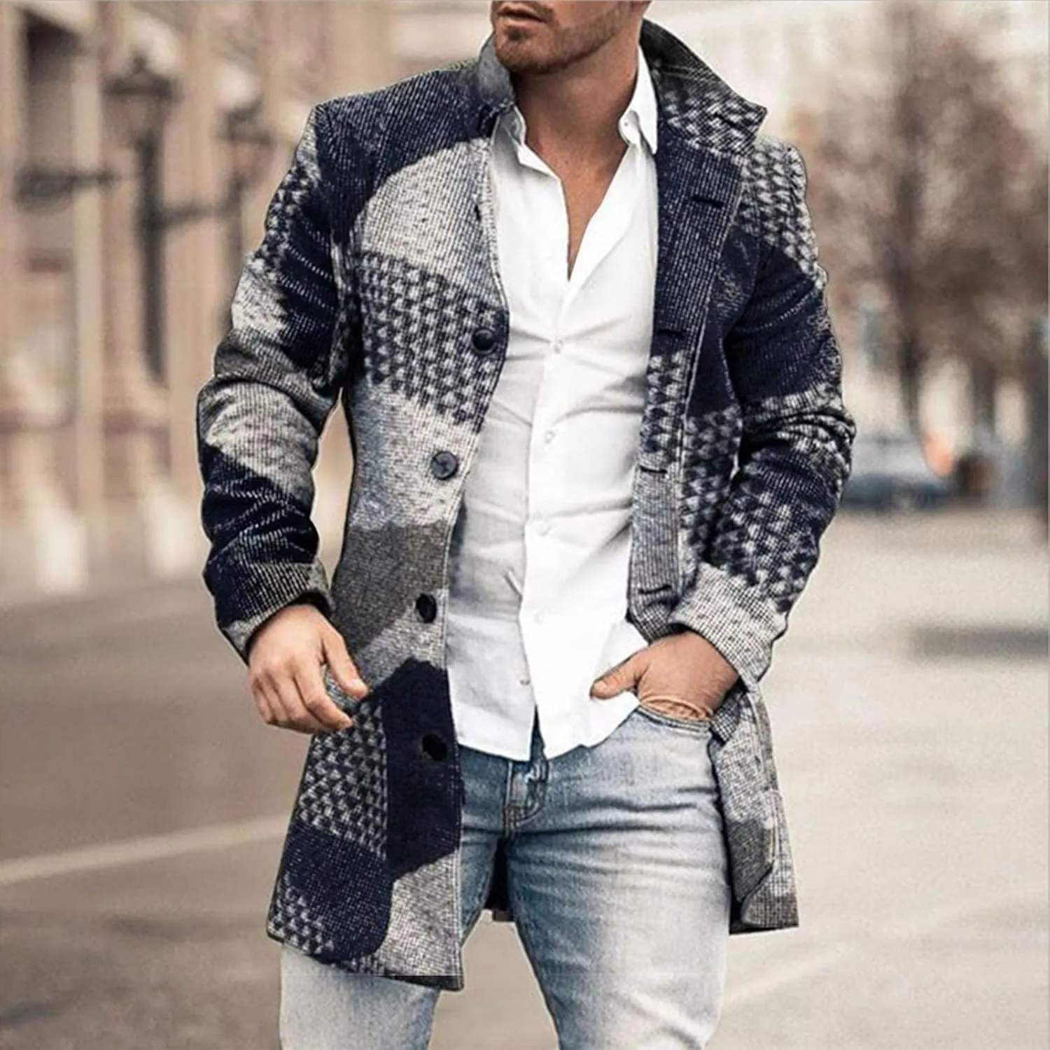 Men's Tweed Trench Coat Notched Collar Single Breasted Overcoat Vintage Big And Tall Warm Winter Plaid Midi Jackets