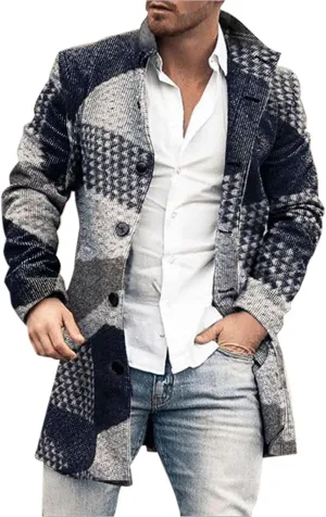Men's Tweed Trench Coat Notched Collar Single Breasted Overcoat Vintage Big And Tall Warm Winter Plaid Midi Jackets