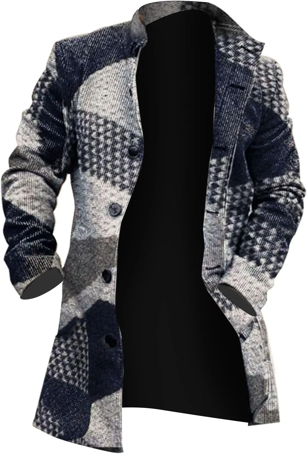Men's Tweed Trench Coat Notched Collar Single Breasted Overcoat Vintage Big And Tall Warm Winter Plaid Midi Jackets