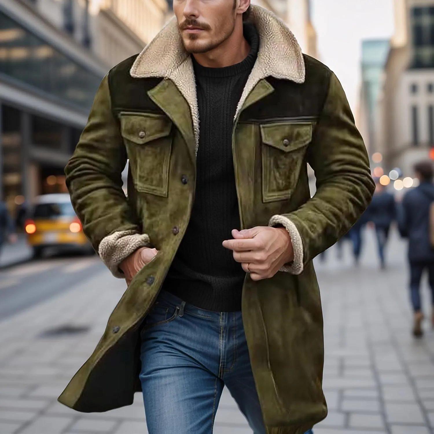 Men's Vintage Suede Jacket Faux Leather Jackets Plush Reversed Collar Coats Western Motorcycle Coat Retro Outwear