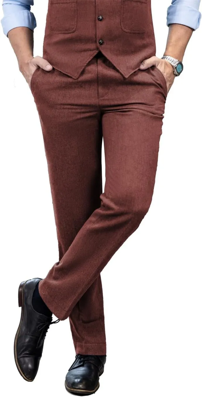 Mens Vintage Tweed Dress Pants Slacks Trousers Regular Fit Suit Pants for Men