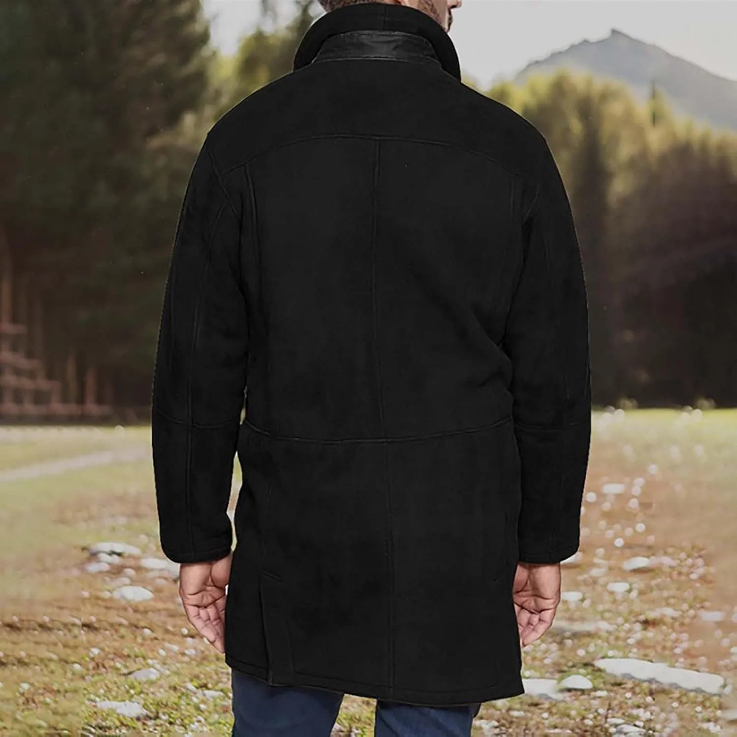Mens Western Cowboy Jacket Long Trench Coats Zip Up Stand Collar Jacket Winter Vintage Cowboy Peacoat Retro Tops