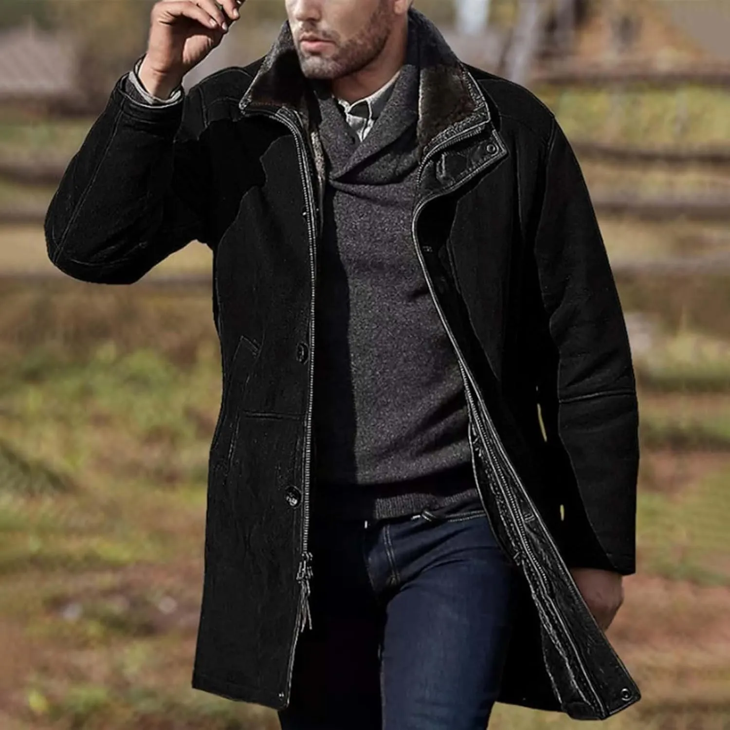 Mens Western Cowboy Jacket Long Trench Coats Zip Up Stand Collar Jacket Winter Vintage Cowboy Peacoat Retro Tops