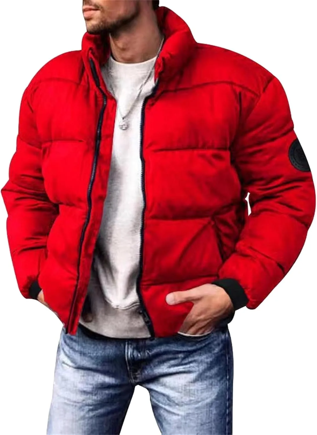 Men's Winter Lightweight Puffer Jackets Plus Size Cotton-Padded Jacket Stand Collar Loose Warm Zipper Coat