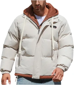 Mens Winter Puffer Jacket Hooded Down Coats Cotton Padded Warm Windproof Outerwear with Pockets