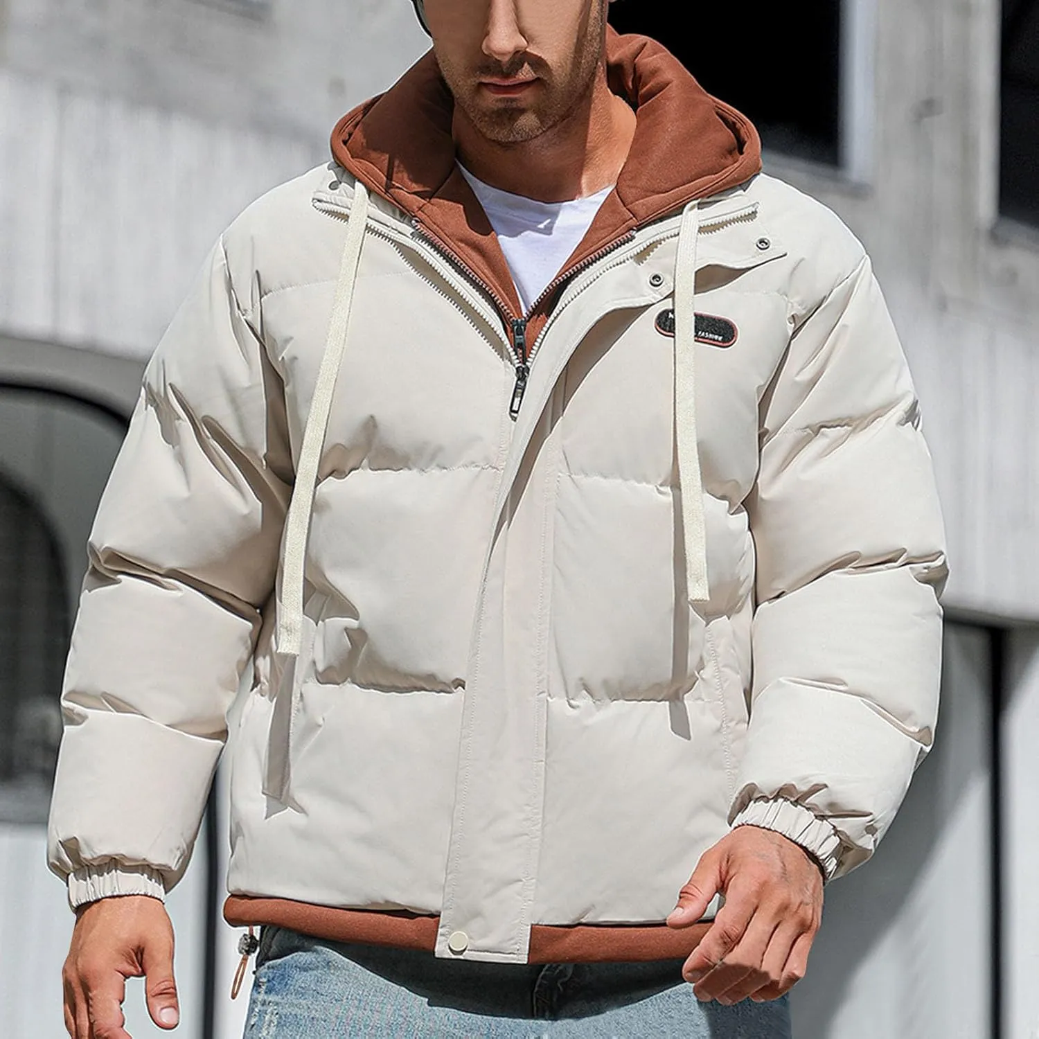 Mens Winter Puffer Jacket Hooded Down Coats Cotton Padded Warm Windproof Outerwear with Pockets