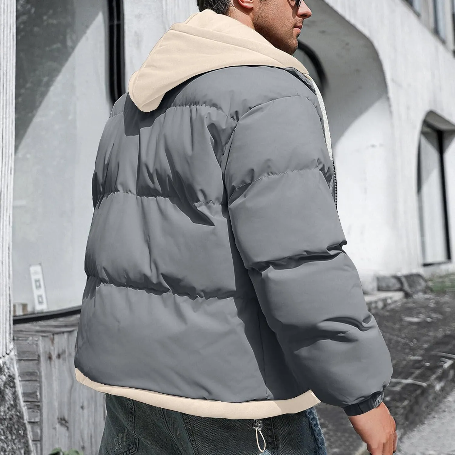 Mens Winter Puffer Jacket Hooded Down Coats Cotton Padded Warm Windproof Outerwear with Pockets